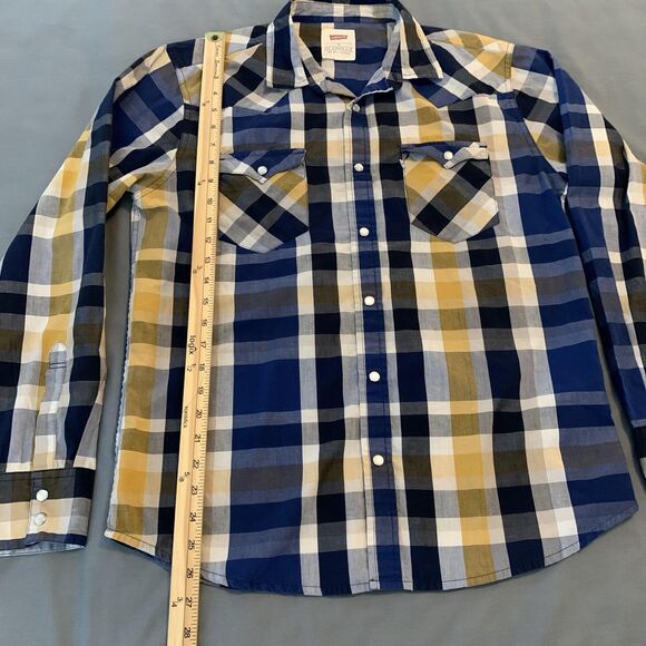 Levis Shirt Mens Medium Blue Yellow Plaid Snap Front Western Pearl Snap Casual - Picture 5 of 7